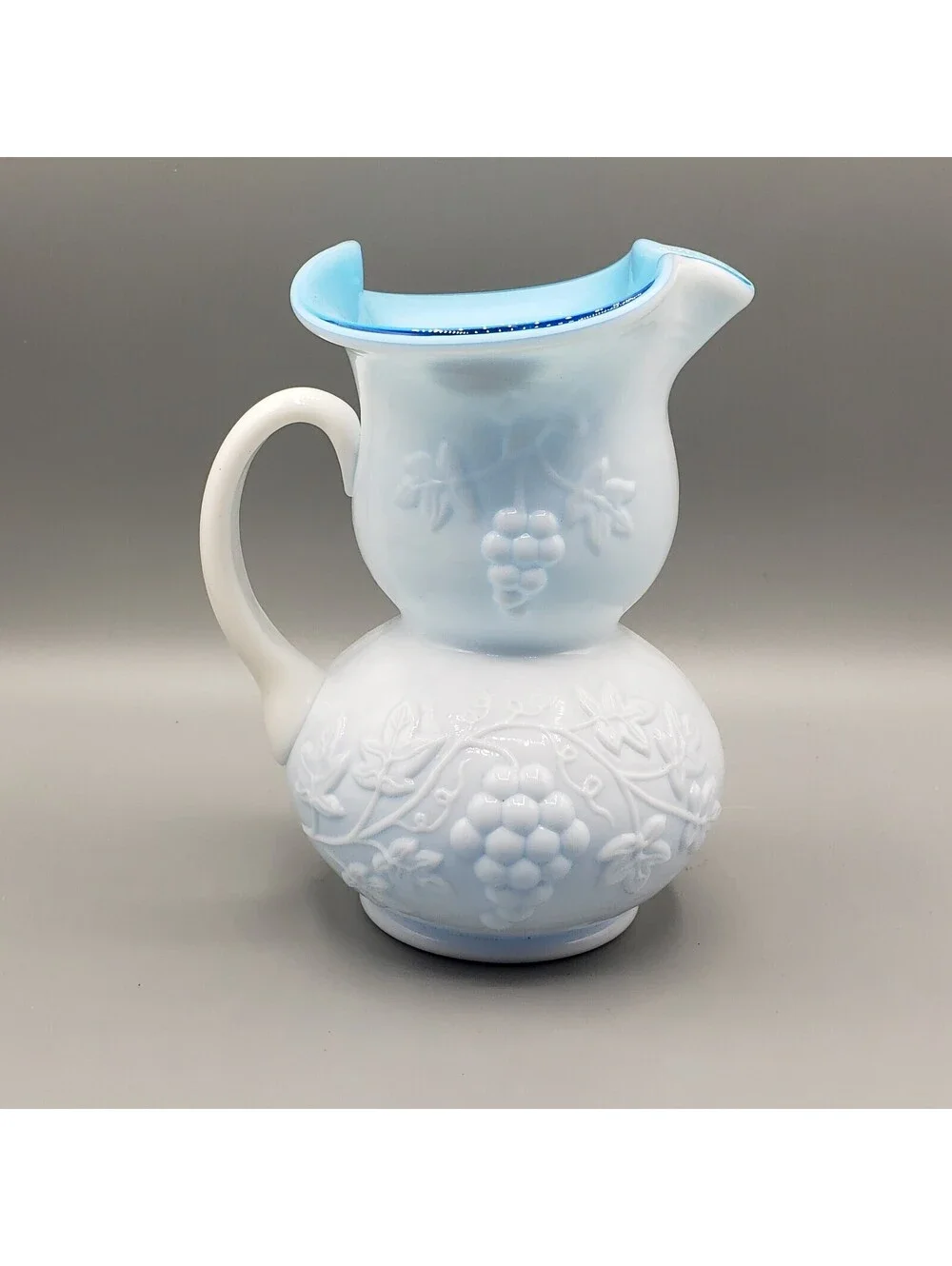 Vintage Kanawha Pitcher Vase Grapes Cased Glass White On Blue Pinched Spout USA
